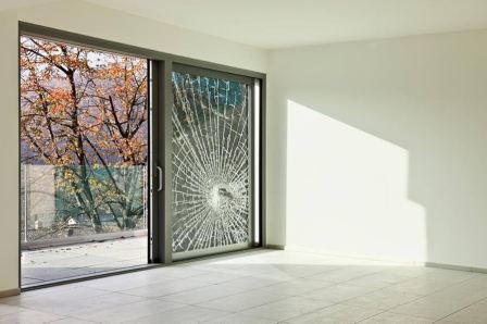 Severely cracked tempered glass sliding door panel with spider-web fracture pattern requiring immediate replacement for safety and security