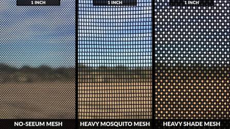 Side-by-side comparison of standard, pet-resistant, and no-see-um screen mesh samples