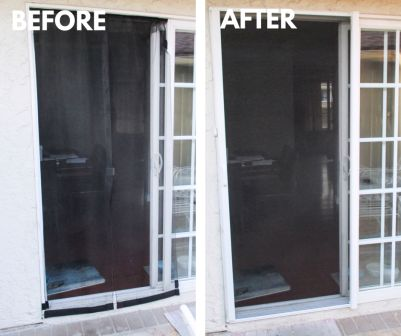 Before and After comparison showing torn screen mesh versus new replacement mesh